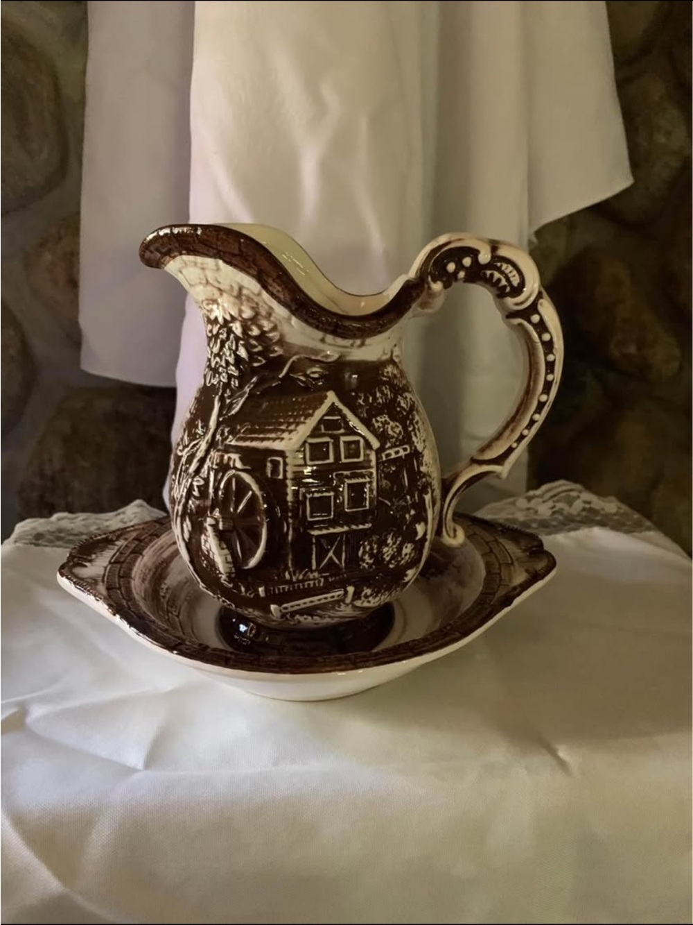 Brown and Cream Ceramic Pitcher and Bowl Set - Decorative Home Accent